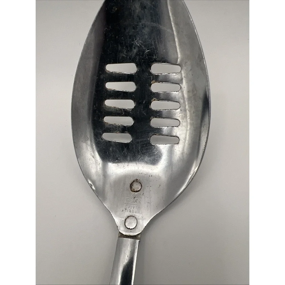 Vintage Ekco Slotted Serving Spoon Vegetable Design Handle Mushrooms MCM 12.25